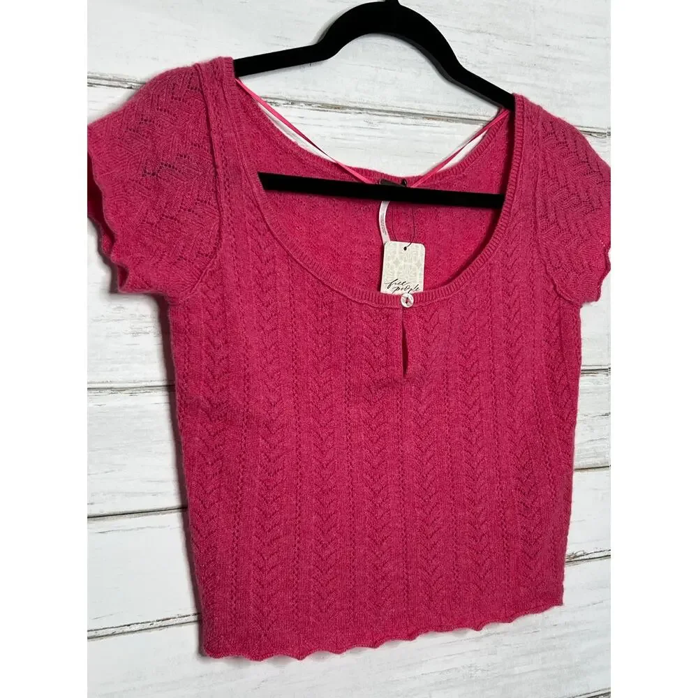 Free People Hera Calypso Pink Pointelle Knit Crop Top Size XS Cashmere NWT